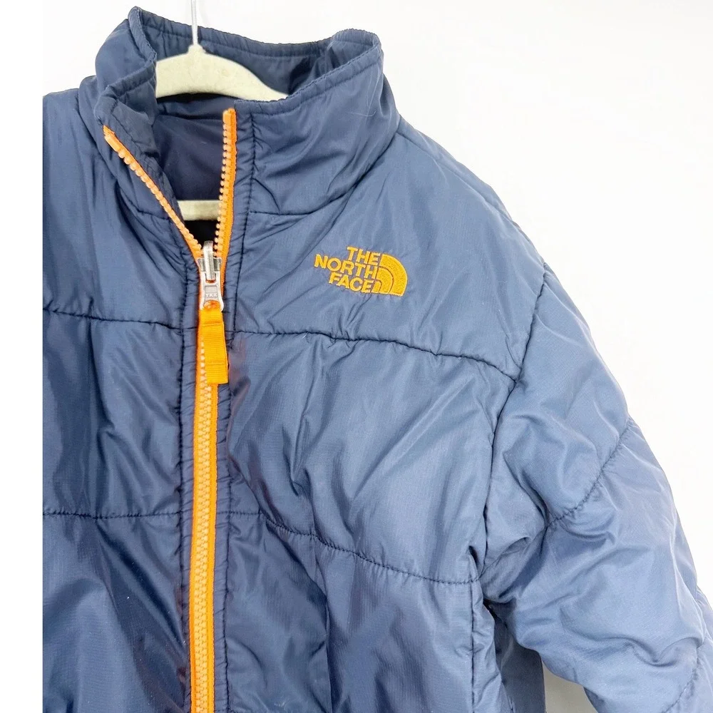The North Face Boys Navy Blue Puffer Jacket Orange Zip Insulated Coat Size S 7/8